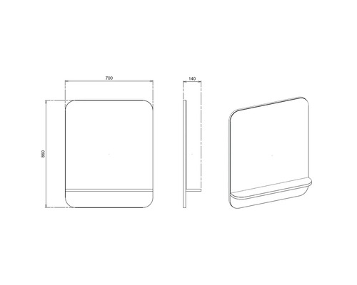Dessin technique d un miroir de salle de bain avec tablette, dimensions 700 millimètres de large, 860 de haut et 140 de profondeur.