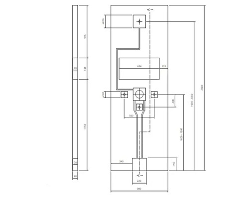Dessin technique d'un panneau mural de douche avec dimensions détaillées en millimètres, montrant les vues de face et de profil pour l'installation.