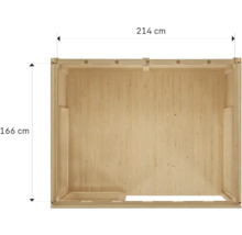 Ansicht eines Holzhauses mit den Maßen 214 mal 166 Zentimeter.