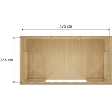 Draufsicht eines Holzhauses mit den Maßen 325 mal 166 Zentimeter.