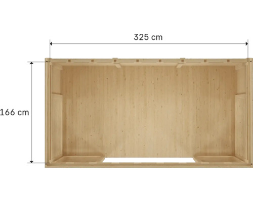 Draufsicht eines Holzhauses mit den Maßen 325 mal 166 Zentimeter.