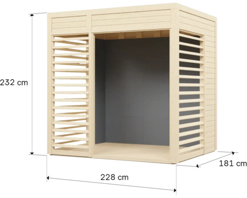 Abri de jardin en bois avec des dimensions de 232 cm de hauteur, 228 cm de longueur et 181 cm de largeur