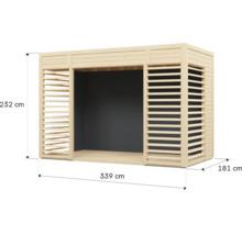 Pavillon en bois avec des dimensions de 232 cm de hauteur, 339 cm de largeur et 181 cm de profondeur.