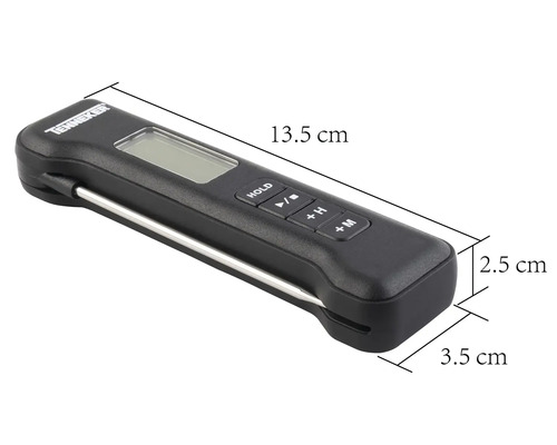 Thermomètre à viande numérique avec capteur en acier inoxydable et écran pour la mesure de la température.
