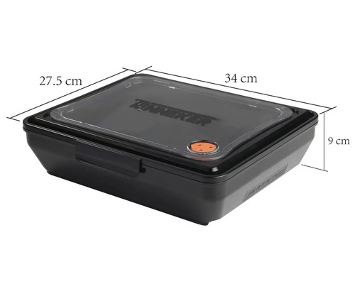 Boîte de conservation noire en plastique mesurant 34 x 27,5 x 9 centimètres.