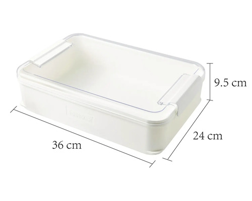 Boîte de rangement en plastique mesurant 36 cm de long, 24 cm de large et 9,5 cm de haut.