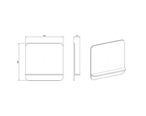Dessin technique miroir de salle de bain carré avec tablette, dimensions 860 sur 860 millimètres, profondeur 140 millimètres.