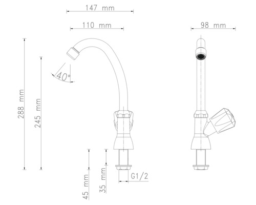 Dessin technique d'un robinet de cuisine avec dimensions