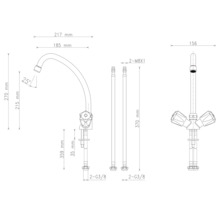 Dessin technique d'un robinet de cuisine avec dimensions