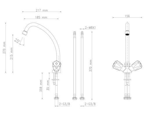 Dessin technique d'un robinet de cuisine avec dimensions