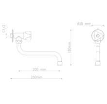 Technische Zeichnung einer Wandauslaufarmatur mit Massangaben