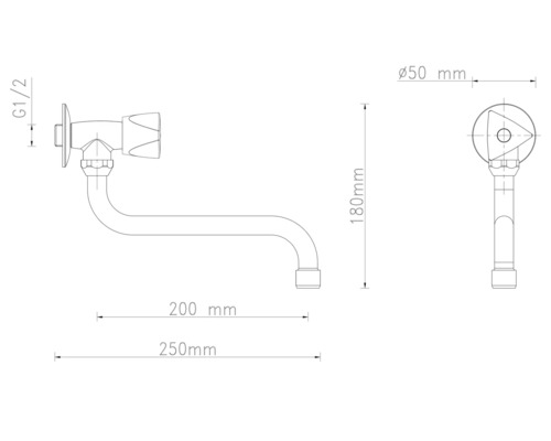 Technische Zeichnung einer Wandauslaufarmatur mit Massangaben