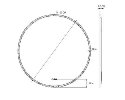 Dessin technique d'un miroir rond d'un diamètre de 100 centimètres et d'une épaisseur de 2,9 centimètres