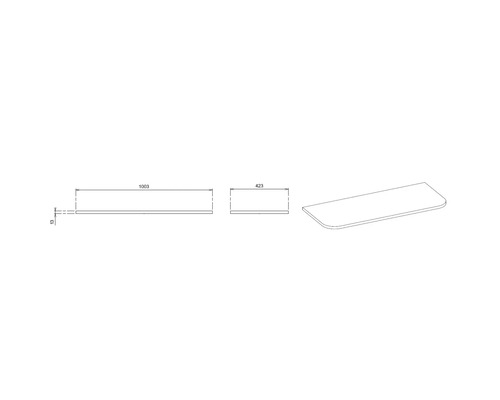 Dessin technique d'une étagère rectangulaire aux coins arrondis, dimensions 1003 millimètres par 423 millimètres par 13 millimètres.