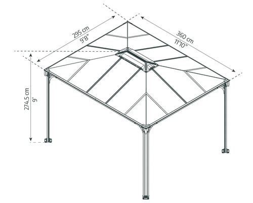 Technische Zeichnung eines Pavillons mit Massangaben