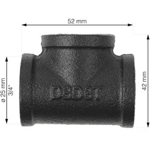 Image d'un té en fonte malléable mesurant 52 mm de large et 42 mm de haut.