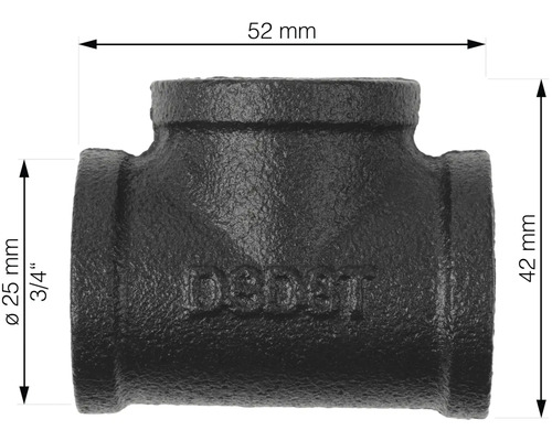 Image d'un té en fonte malléable mesurant 52 mm de large et 42 mm de haut.