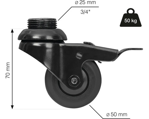 Roue pivotante avec filetage, diamètre de roue de 50 millimètres et capacité de charge de 50 kilogrammes