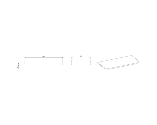 Dessin technique d une étagère avec dimensions: longueur 863 millimètres, profondeur 423 millimètres et épaisseur 18 millimètres.