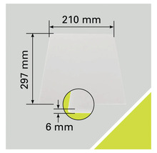 Dessin technique d'une plaque mesurant 210 millimètres sur 297 millimètres et d'une épaisseur de 6 millimètres.