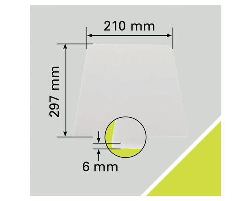 Dessin technique d'une plaque mesurant 210 millimètres sur 297 millimètres et d'une épaisseur de 6 millimètres.