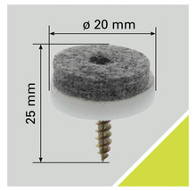 Filzgleiter mit Schraube, Durchmesser 20 Millimeter, Gesamtlänge 25 Millimeter