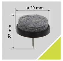 Patins en feutre avec clou, diamètre 20 mm, hauteur 22 mm