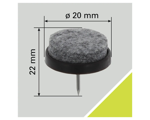 Patins en feutre avec clou, diamètre 20 mm, hauteur 22 mm