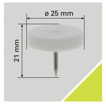 Patins pour meubles avec clou, diamètre 25 mm, hauteur 21 mm