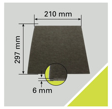 Dämmplatte mit den Massen 210 Millimeter mal 297 Millimeter und einer Dicke von 6 Millimetern.