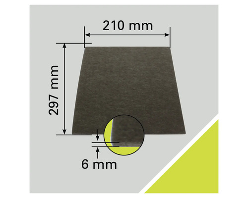 Dämmplatte mit den Massen 210 Millimeter mal 297 Millimeter und einer Dicke von 6 Millimetern.