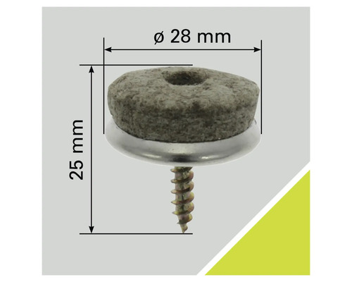 Patins en feutre avec vis, diamètre 28 millimètres, hauteur 25 millimètres