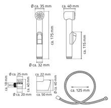 Schéma technique d'une douchette de bidet avec dimensions
