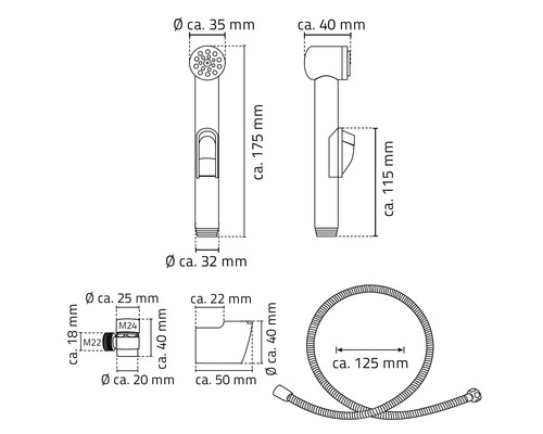 Schéma technique d'une douchette de bidet avec dimensions