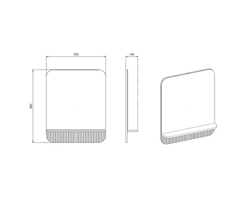 Dessin technique d'un miroir de salle de bains avec tablette intégrée, dimensions 700 par 860 par 140 millimètres.