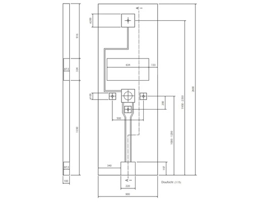 Dessin technique du système de douche avec dimensions en millimètres, montrant la vue de face et la vue latérale.