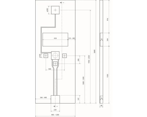 Dessin technique pour une installation de douche en vue de face et de profil avec des dimensions détaillées en millimètres.