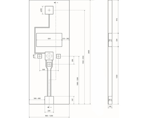 Dessin technique d'une paroi de douche avec des dimensions en millimètres.