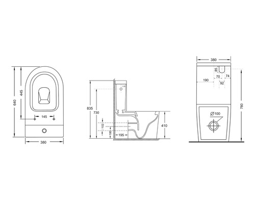 Technische Zeichnung eines Stand WCs mit Maßangaben