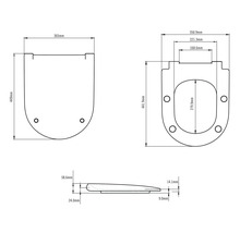 Technische Zeichnung eines Toilettendeckels mit Maßangaben