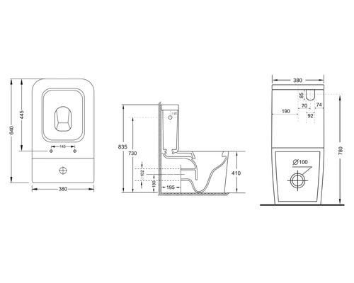 Technische Zeichnung eines Stand WCs mit Abmessungen