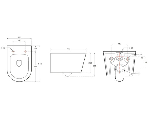 Technische Zeichnung eines Wand-WCs mit Maßangaben