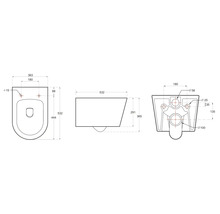 Technische Zeichnung eines wandhängenden WCs mit Maßangaben