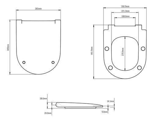 Technische Zeichnung eines WC-Sitzes mit Maßangaben