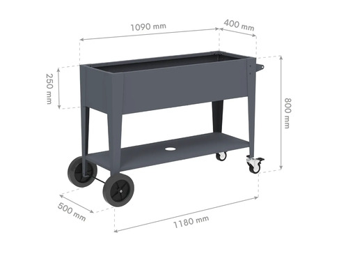 Abbildung eines Pflanzkastens mit den Maßen 1090 mm Länge, 400 mm Breite und 250 mm Höhe, der auf einem fahrbaren Untergestell mit Rädern und einer zusätzlichen Ablagefläche steht. Die Gesamthöhe beträgt 800 mm, die Länge des Untergestells...
