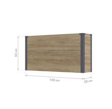 Meuble haut avec façade aspect bois et coins renforcés, dimensions 100 par 52 par 25 centimètres, idéal pour montage mural.