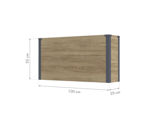 Meuble haut avec façade aspect bois et coins renforcés, dimensions 100 par 52 par 25 centimètres, idéal pour montage mural.