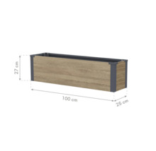 Jardinière rectangulaire aspect bois avec cadre, dimensions 100 par 25 par 27 centimètres