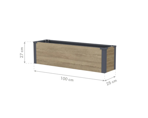 Jardinière rectangulaire aspect bois avec cadre, dimensions 100 par 25 par 27 centimètres