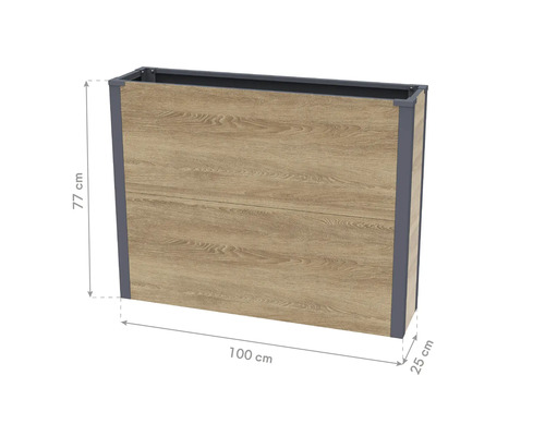 Rehausse de potager rectangulaire avec aspect bois et cadre en métal, dimensions 100 par 25 par 77 centimètres.